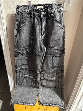 Love Cult Black Acid-Wash Cargo Jeans XS